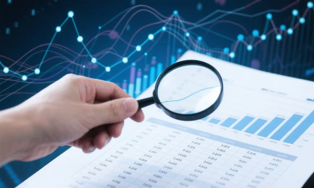 手持放大镜分析数字表格中的模式