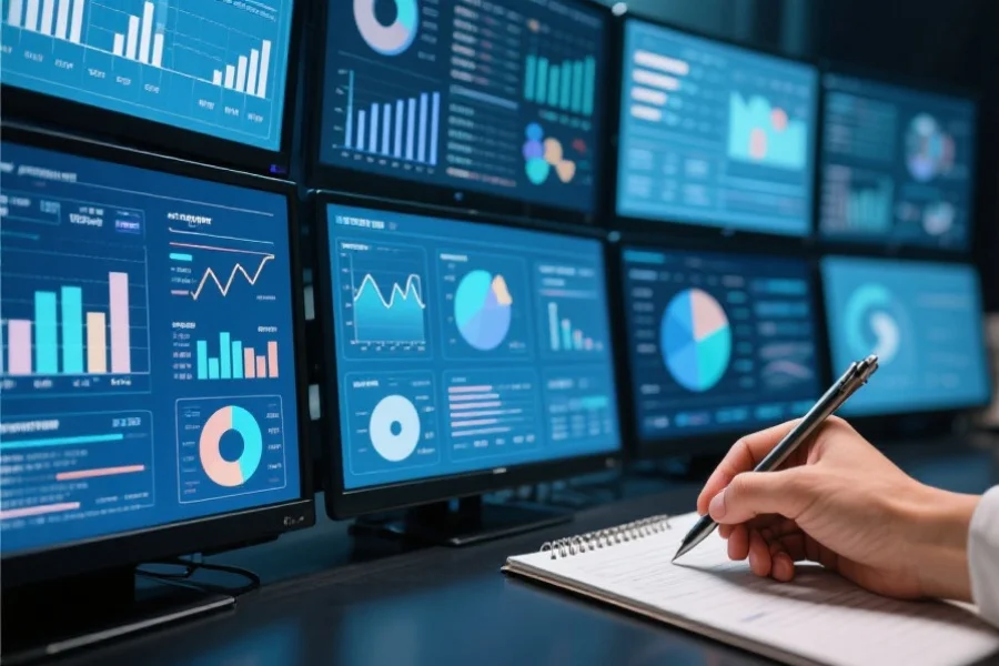 多屏幕显示不同数据和资讯，旁边有一只手正在做笔记，突出多元信息收集的场景