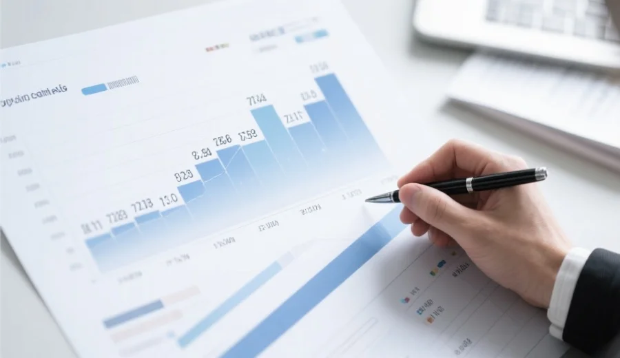 一张可视化数据图表,显示数字分布与走势,旁边有手拿笔正在分析的场景